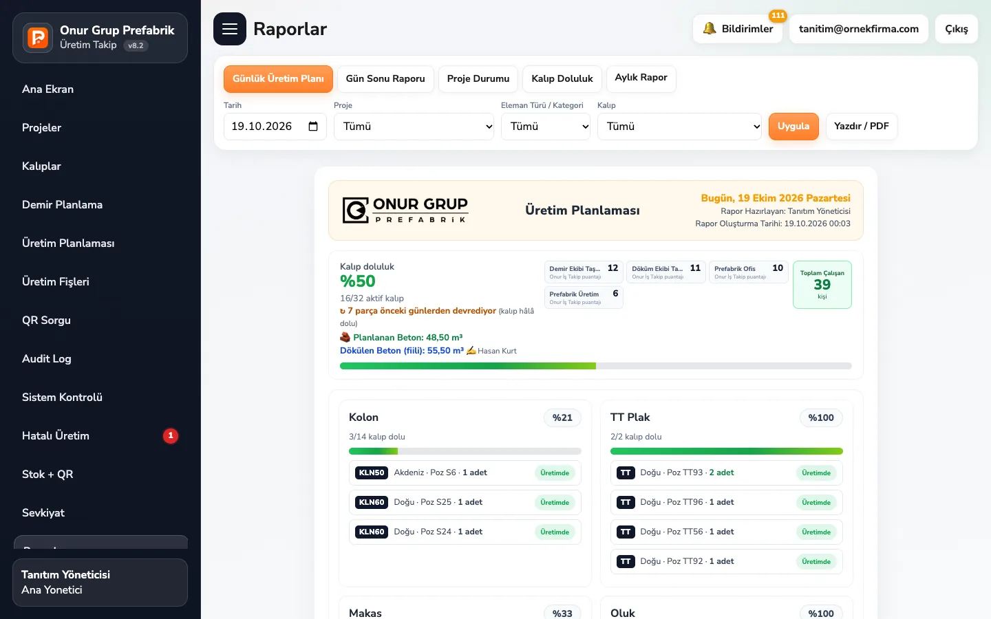 Prefabrik Takip günlük üretim planı ekranı