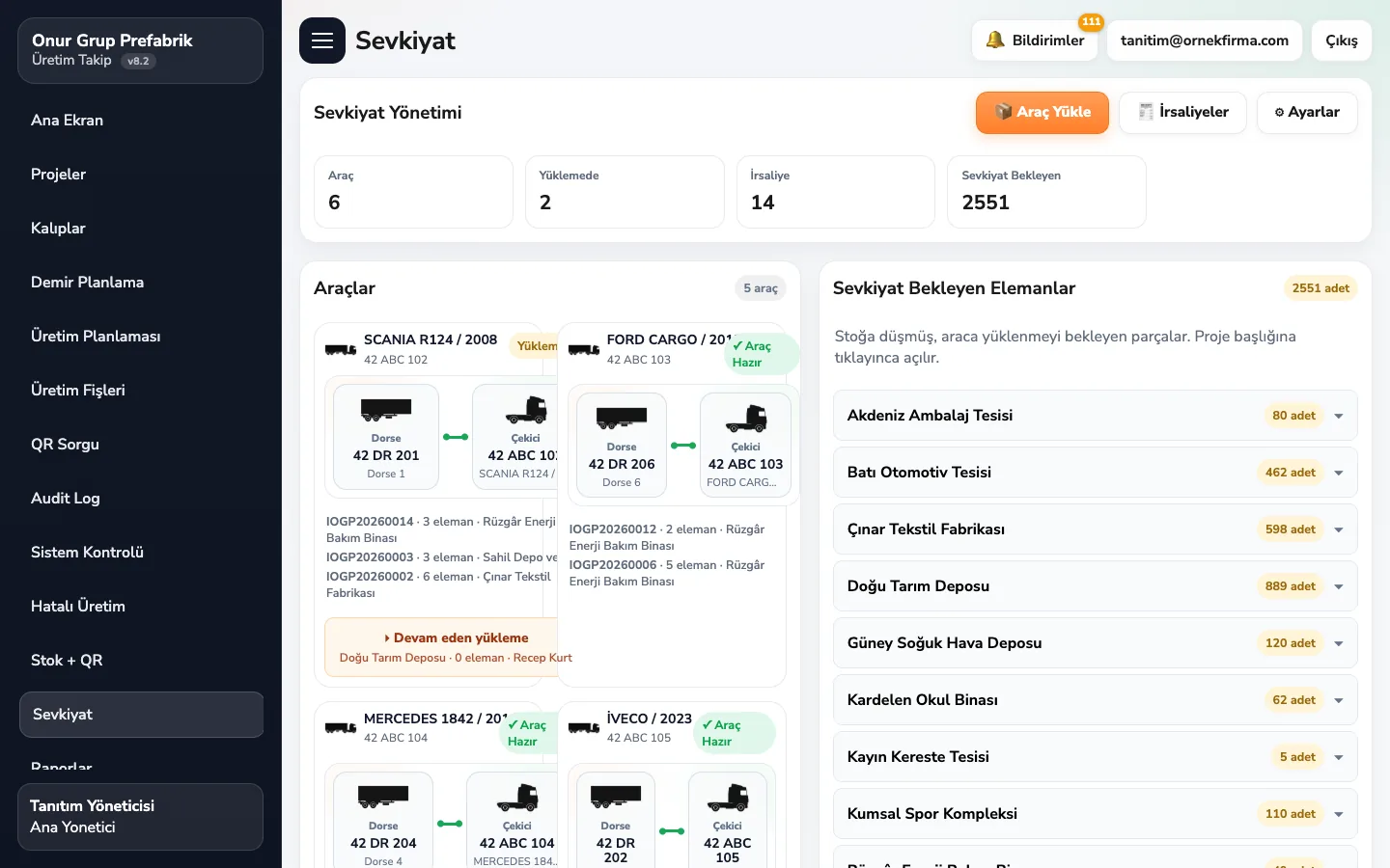 Prefabrik Takip sevkiyat ekranı